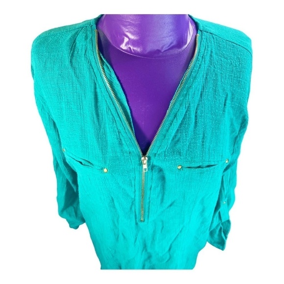 Signature Studio teal gauzy zip neckline roll sleeve summer tunic top M - Picture 4 of 10